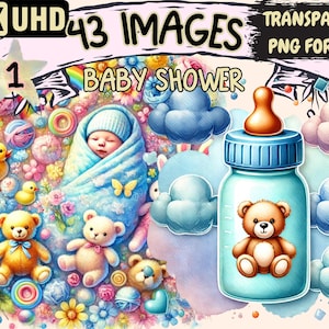 Baby Shower Clipart - 43 PNG Cute Child Celebration Illustrations, Party Art, Instant Digital Download, Unlimited Commercial Use for Crafts