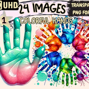 Colorful Hands Clipart - 24 PNG Vibrant Hand Illustrations, Creative and Playful Art, Instant Digital Download, Unlimited Commercial Use