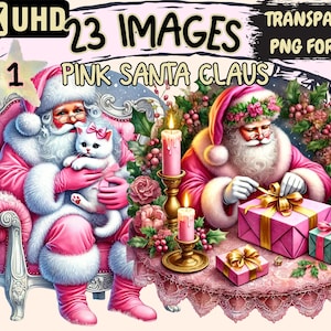Pink Santa Claus Clipart - 23 PNG X-Mas Festive Santa Illustrations in Shades of Pink, Instant Digital Download, Unlimited Commercial Use