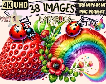 Ladybugs Clipart - 38 PNG Cute Red Insect Illustrations, Adorable Bug Art, Instant Digital Download, Unlimited Commercial Use for Crafts