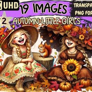 Autumn Little Girls (P2) Clipart - 19 PNG Fall Girl Illustrations, Seasonal Art, Instant Digital Download, Unlimited Commercial Use Crafts