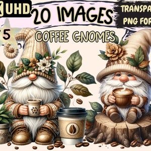 Coffee Gnomes (P5) Clipart - 20 PNG Caffeine Gnome Graphics, Cafe Latte Gnome Printables, Instant Digital Download,Unlimited Commercial Use