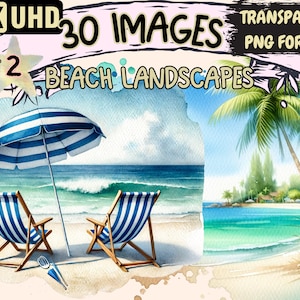 Beach Landscapes (P2) Clipart - 30 PNG Scenic Beach Graphics, Coastal Printables, Instant Digital Download, Unlimited Commercial Use Crafts