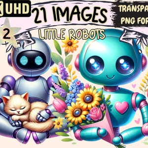 Little Robots (P2) Clipart - 21 PNG Adorable Robot Illustrations, Whimsical Tech Art, Instant Digital Download, Unlimited Commercial Use