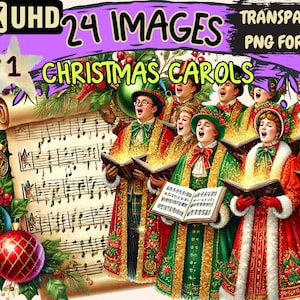 Christmas Carols Clipart - 24 PNG Festive Caroling Illustrations, Holiday Music Art,Instant Digital Download,Unlimited Commercial Use Crafts