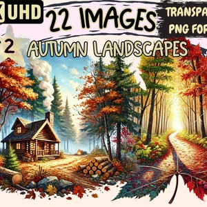 Autumn Landscapes (P2) Clipart - 22 PNG Fall Scenery Illustrations, Seasonal Art, Instant Digital Download, Unlimited Commercial Use Crafts