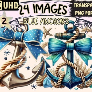 Blue Anchors (P2) Clipart - 24 PNG Nautical Anchor Illustrations, Maritime Art, Instant Digital Download, Unlimited Commercial Use Crafts