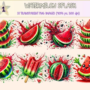 Watermelon Splash Clipart - 31 PNG Refreshing Summer Graphics, Juicy Fruit Printable Illustrations, Instant Digital Download, Commercial Use