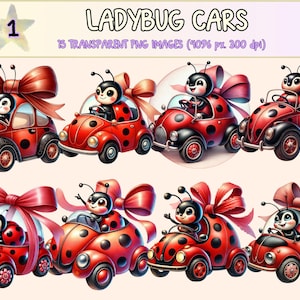 Ladybug Cars Clipart - 15 PNG Cute Adorable Buggy Graphics, Whimsical Ladybugs Vehicle Illustrations,Instant Digital Download,Commercial Use