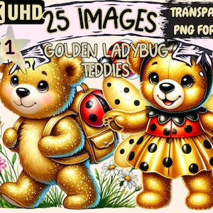 Golden Ladybug Teddies Clipart - 25 PNG Adorable Bear Illustrations, Whimsical Art, Instant Digital Download,Unlimited Commercial Use Crafts