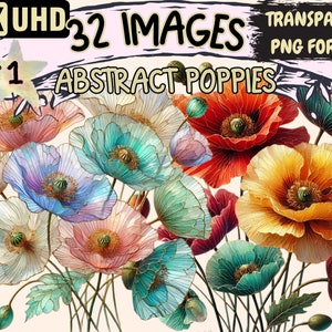 Abstract Poppies Clipart - 32 PNG Artistic Poppy Graphics, Modern Floral Printables,Instant Digital Download,Unlimited Commercial Use Crafts