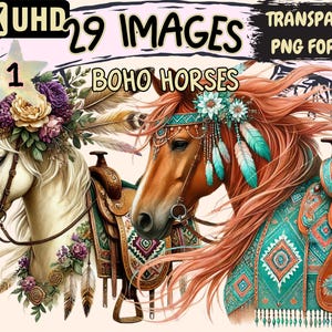 Boho Horses Clipart - 29 PNG Horse Illustrations with Bohemian Accents, Artistic Design, Instant Digital Download, Unlimited Commercial Use