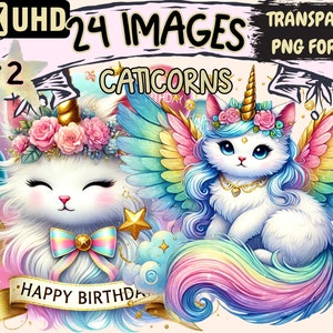 Caticorns (P2) Clipart - 24 PNG Magical Cat Unicorn Graphics, Whimsical Printables, Instant Digital Download,Unlimited Commercial Use Crafts