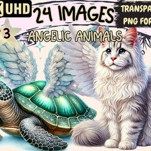 Angelic Animals (P3) Clipart - 24 PNG Heavenly Pets Illustrations, Whimsical Art, Instant Digital Download, Unlimited Commercial Use Crafts