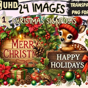 Christmas Signposts Clipart - 24 PNG Festive Sign Graphics, Holiday Direction Printables, Instant Digital Download, Unlimited Commercial Use