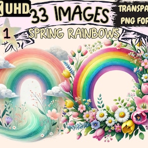 Spring Rainbows Clipart - 34 PNG Pastel Sky Graphics, Colorful Springtime Weather Illustrations, Instant Digital Download, Commercial Use