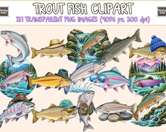May include: A digital collection of 131 trout fish clipart images in transparent PNG format. The illustrations feature various trout species in natural settings, some wearing hats, glasses, or vests, and others jumping near waterfalls or mountains.