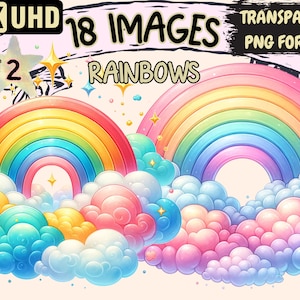 Rainbows (P2) Clipart - 18 PNG Colorful Rainbow Graphics, Cheerful Printables, Instant Digital Download, Unlimited Commercial Use for Crafts