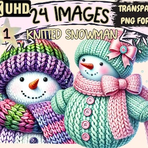 Clipart bonhomme de neige en tricot - 24 illustrations de bonhomme de neige en fil douillet PNG, art sur le thème de l'hiver, téléchargement numérique instantané, usage Commercial illimité