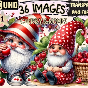 Cherry Gnomes Clipart Bundle - 36 PNG Cherries Gnome Graphics, Adorable Dwarf Printables, Instant Digital Download, Unlimited Commercial Use