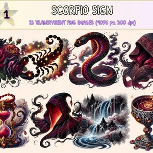 Scorpio Sign Clipart - 26 PNG Zodiac Symbol Graphics, Mystical Astrology Printables Illustrations, Instant Digital Download, Commercial Use