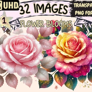 Flower Blooms Clipart - 32 PNG Floral Illustrations, Beautiful Botanical Art, Instant Digital Download, Unlimited Commercial Use for Crafts