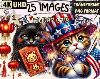 Holiday Cats Clipart – 25 Festive PNG Graphics (Digital Download)