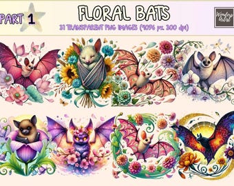 Floral Bats Clipart – Whimsical Gothic PNG Graphics (Digital Download)