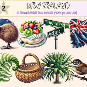 New Zealand (P2) Clipart - 31 PNG Scenic Travel Landscape Graphics, Kiwi Culture Illustrations, Instant Digital Download, Commercial Use