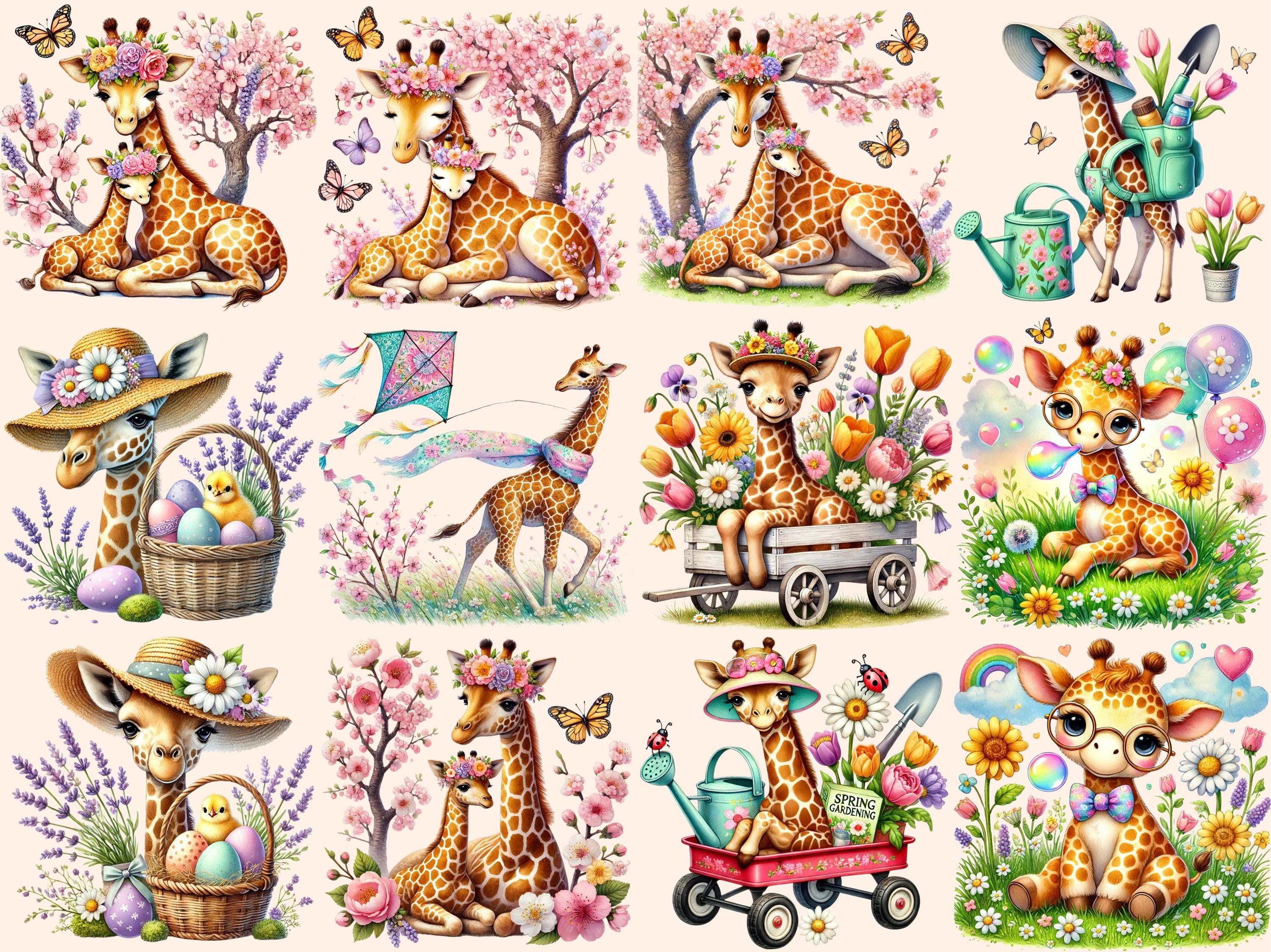 Spring Giraffe Spring Giraffe Clipart – Floral Giraffe Illustrations (digital Download ...