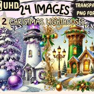 Christmas Lighthouses (P2) Clipart - 24 PNG X-Mas Lighthouse Illustrations, Holiday Art,Instant Digital Download,Unlimited Commercial Use