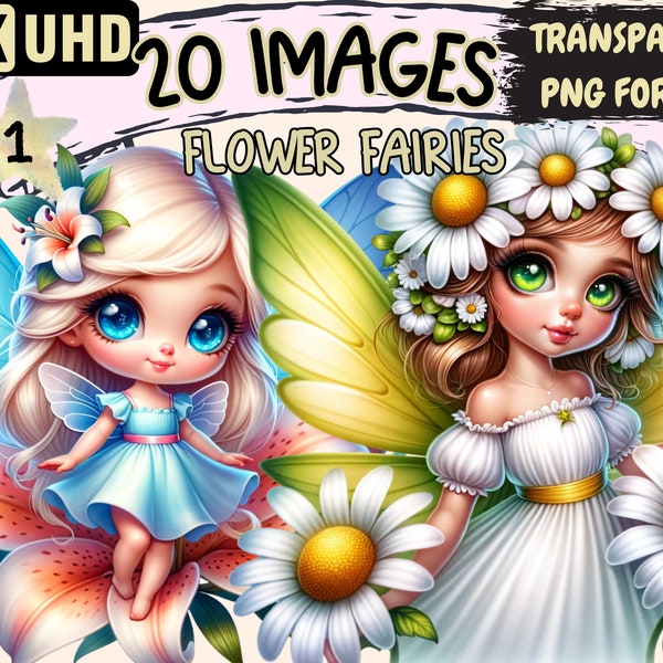 Flower Fairies Clipart Bundle - 20 PNG Floral Fairy Graphics, Cute Fairytale Printables, Instant Digital Download, Unlimited Commercial Use