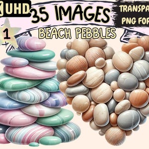 Beach Pebbles Clipart - 35 PNG Coastal Stone Illustrations, Ocean-Themed Art, Instant Digital Download, Unlimited Commercial Use for Crafts