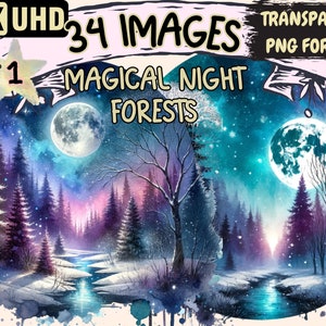 Magical Night Forests Clipart - 34 PNG Enchanting Forest Graphics, Night Printables,Instant Digital Download,Unlimited Commercial Use Crafts