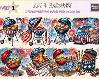 BBQ & Fireworks Clipart - 21 PNG Patriotic Grilling Graphics, Red White Blue BBQ Illustrations, Instant Digital Download, Commercial Use