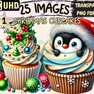 Christmas Cupcakes Clipart - 25 PNG Festive Cupcake Graphics, Holiday Dessert Printables, Instant Digital Download, Unlimited Commercial Use