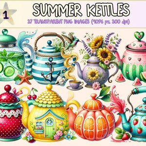 Summer Kettles Clipart - 37 PNG Vintage Teapot Graphics, Floral Tea Printable Illustrations, Instant Digital Download, Commercial Use