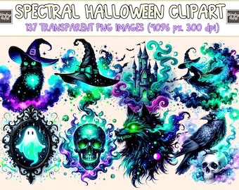 Op de afbeelding: Een verzameling digitale Halloween-clipart met een zwarte kat met een heksenhoed, een puntmuts, een gotisch kasteel, een vliegende heks, een geest in een sierlijke lijst, een schedel, een wolf en een raaf, allemaal omringd door levendige paarse en turquoise rook.
