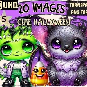 Cute Halloween (P5) Clipart - 20 PNG Adorable Spooky Illustrations, Festive Art, Instant Digital Download, Unlimited Commercial Use Crafts