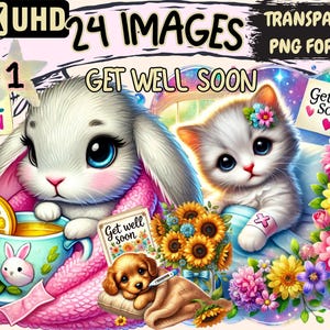Get Well Soon Clipart - 24 PNG Adorable Animal Illustrations, Cheerful Recovery Theme, Instant Digital Download, Unlimited Commercial Use