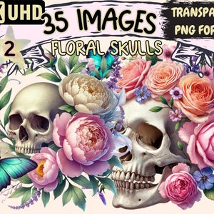 Floral Skulls (P2) Clipart - 35 PNG Flower-Adorned Skull Illustrations, Gothic Art, Instant Digital Download, Unlimited Commercial Use Craft