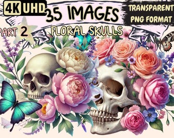 Floral Skulls Clipart – 35 PNG Gothic Flower Illustrations (Digital Download)