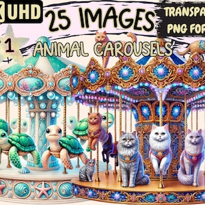 May include: A carousel with a blue and gold design features a variety of animals, including cats and sea turtles. The carousel is decorated with seashells and stars. The text "25 IMAGES ANIMAL CAROUSELS" is displayed above the carousel.