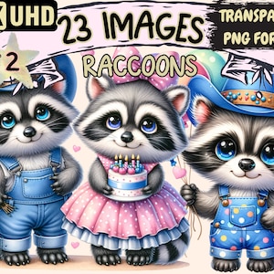 Raccoons Clipart - 23 PNG Adorable Raccoon Graphics, Cute Printables, Instant Digital Download, Unlimited Commercial Use Crafts & Designs