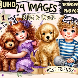 Kids & Dogs (P1) Clipart - 24 PNG Cute Pet Graphics, Child and Dog Printables, Instant Digital Download, Unlimited Commercial Use for Crafts