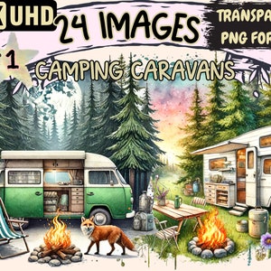 Camping Caravans Clipart - 24 PNG Charming Caravan Graphics, Outdoor Printables, Instant Digital Download, Unlimited Commercial Use Crafts