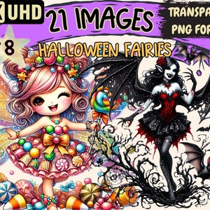 Halloween Fairies (P8) Clipart - 21 PNG Spooky Fairy Illustrations, Magical Art, Instant Digital Download, Unlimited Commercial Use Crafts