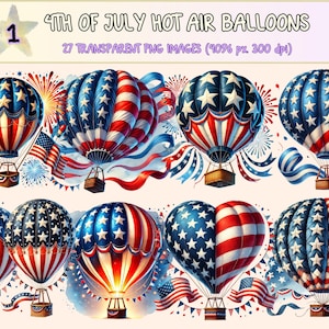 4th of July Hot Air Balloons Clipart - 27 PNG Patriotic Balloon Graphics, Red White Blue Sky Images, Instant Digital Download,Commercial Use