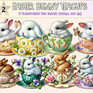 Easter Bunny Teacups (P2) Clipart - 21 PNG Cute Spring Graphics, Floral Tea Party Illustrations, Instant Digital Download, Commercial Use