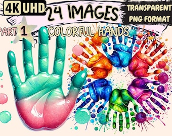 Colorful Hands Clipart – 24 Vibrant PNG Illustrations (Digital Download)